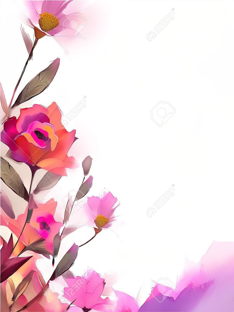 Pintura al óleo abstracta flor y hoja. Ilustración aislada de primavera, diseño de pintura de flores de verano sobre fondo blanco. Plantas de follaje botánico, fondo de flor floral para tarjeta de felicitación