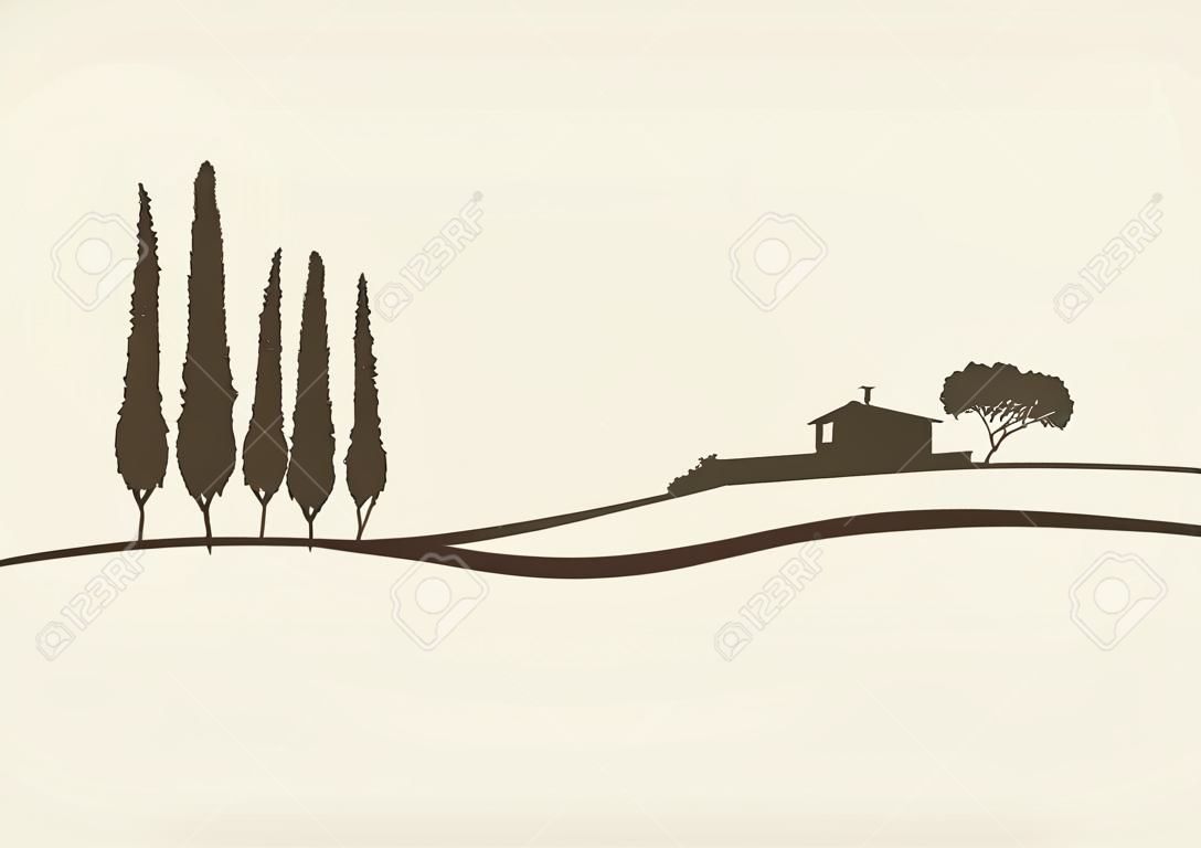 cipreses y una finca en el típico paisaje toscano