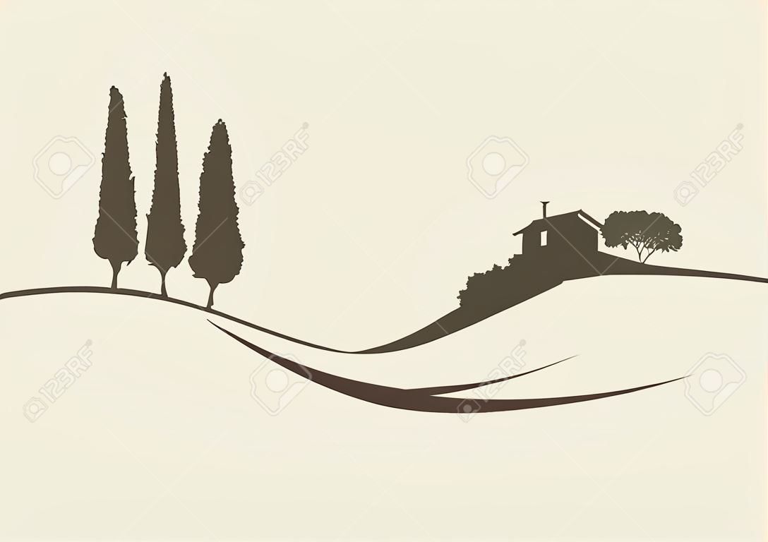 柏樹和芬卡在典型tuscanian景觀