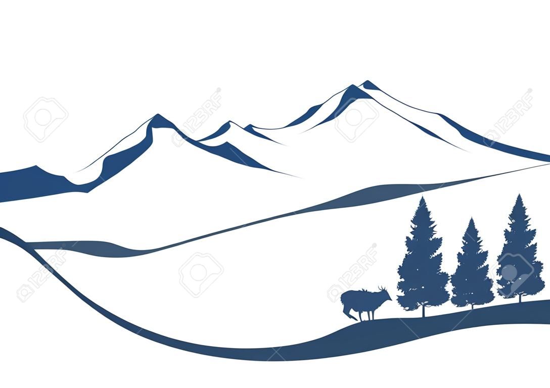 程式化的插圖顯示一個高山景觀與山區和冷杉