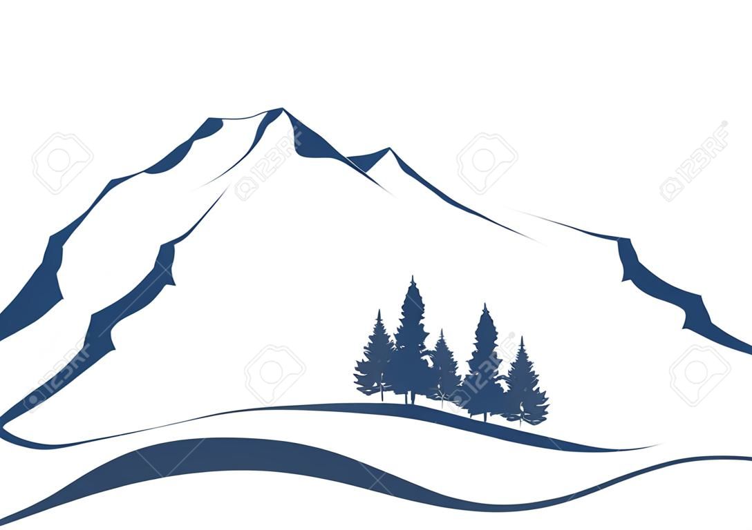 stylized illustration showing an alpine Landscape with mountains and firs