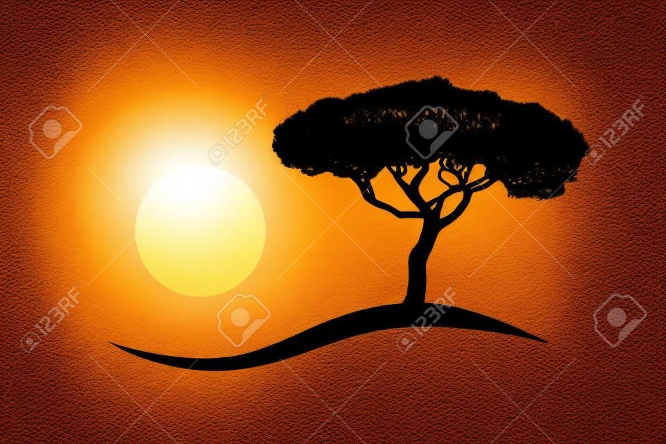 isolated mediterranean vector umbrella pine icon silhouette on a hill with the sun
