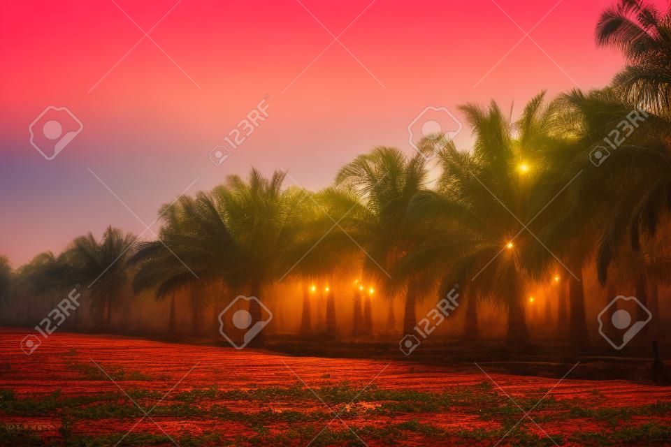 Palm oil plantation at sunset in Thailand.