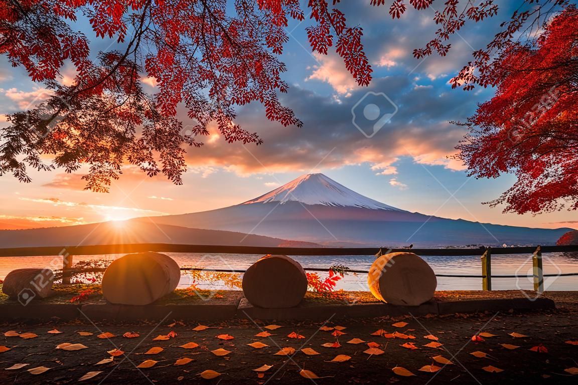 Mt. Fuji over Lake Kawaguchiko with autumn foliage at sunrise in Fujikawaguchiko, Japan.