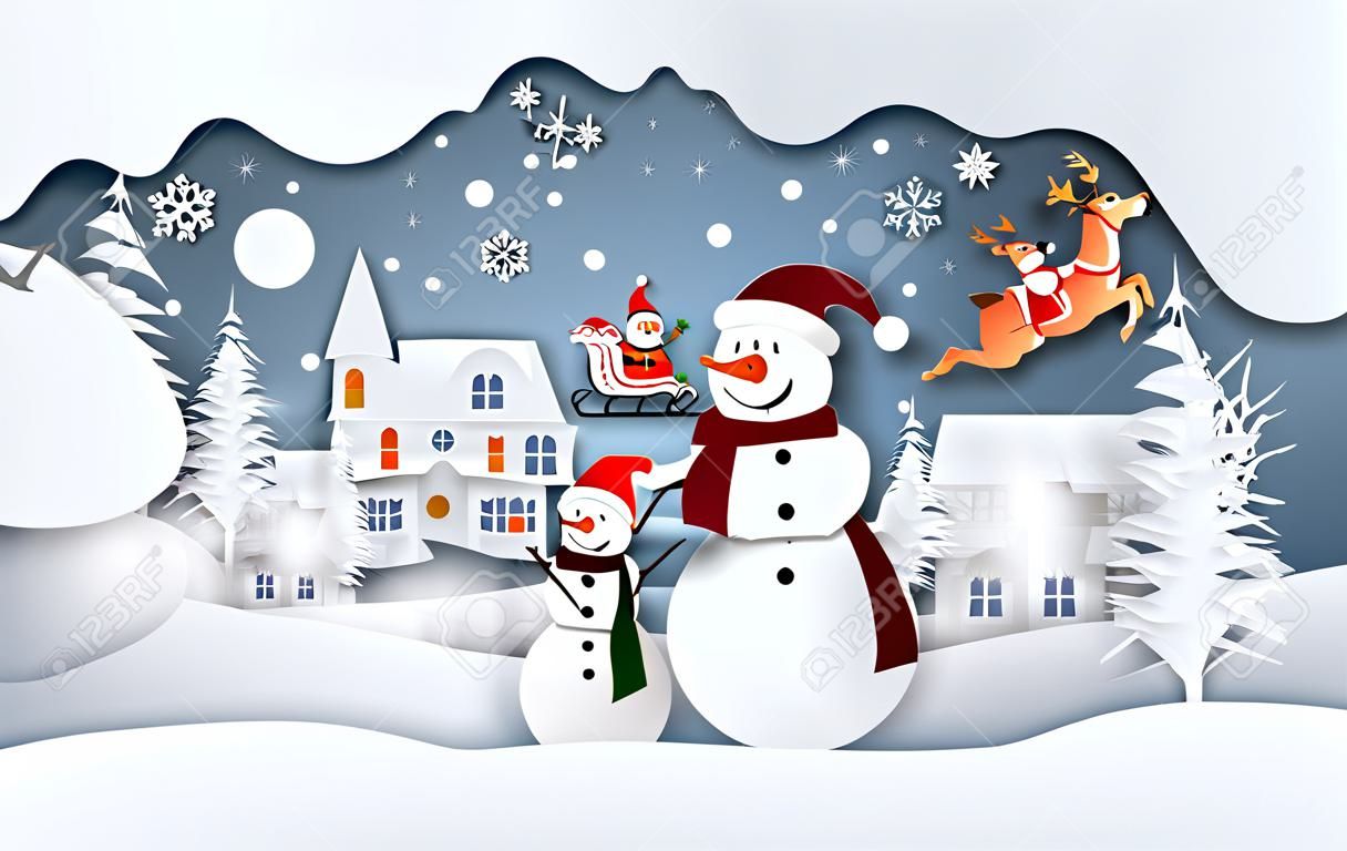 Estilo de arte de papel de boneco de neve na aldeia na temporada de inverno com Papai Noel, Feliz Natal e Feliz Ano Novo