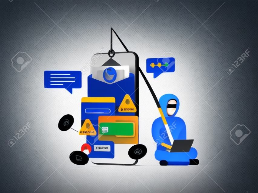 Illustration 3d du concept de phishing de données, pirate informatique et cybercriminels phishing volant des données personnelles privées, un mot de passe, un e-mail et une carte de crédit. escroquerie en ligne, malware et hameçonnage de mot de passe.