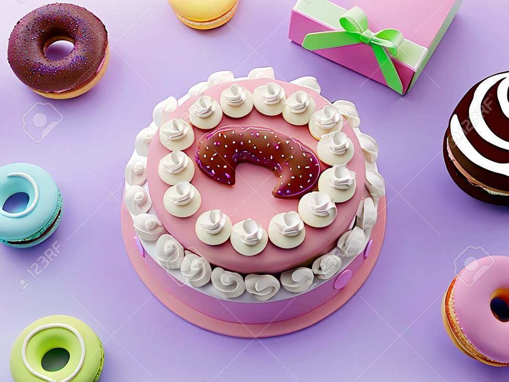 White paper with Birthday cake for celebration party, gift box, donut, macaron, Happy Birthday, 3d illustration
