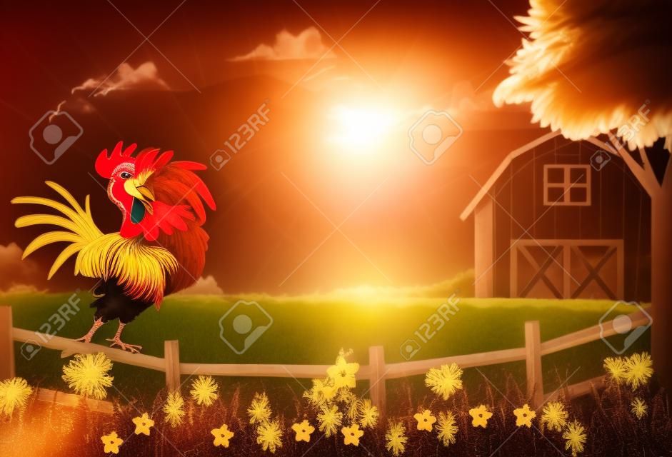 cute rooster crowing in the farm fence