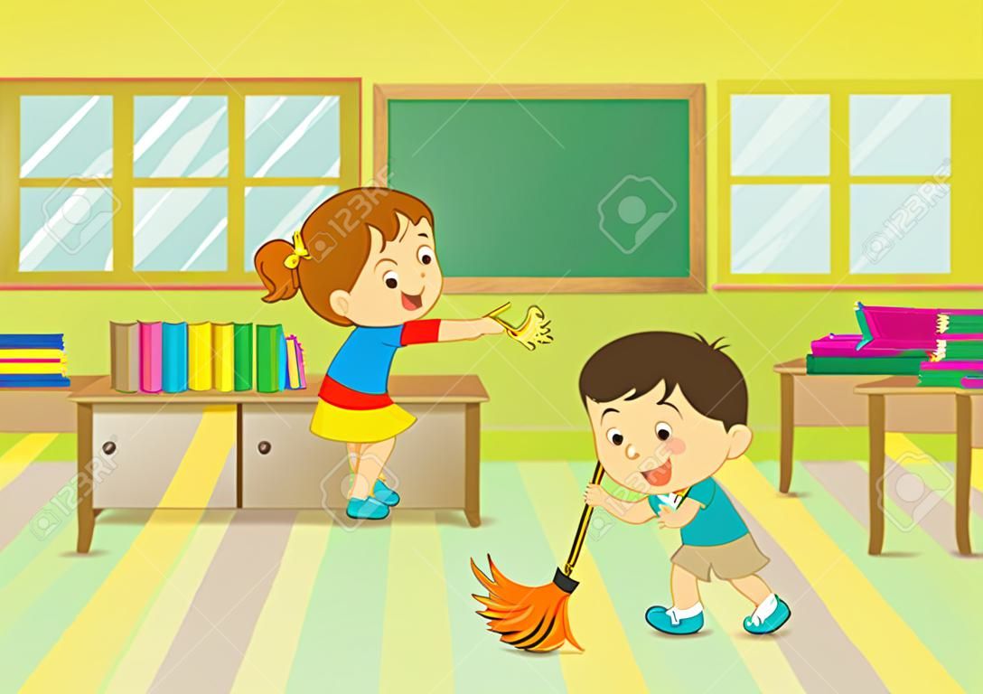 Illustration of kids cleaning the classroom
