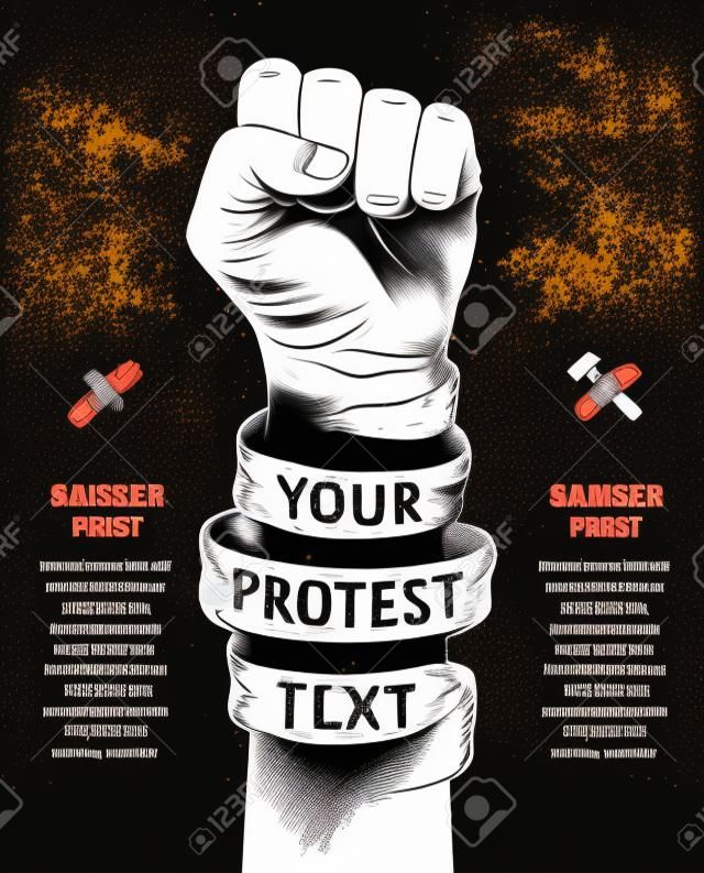 Mão levantada realizada em protesto. Ilustração vetorial