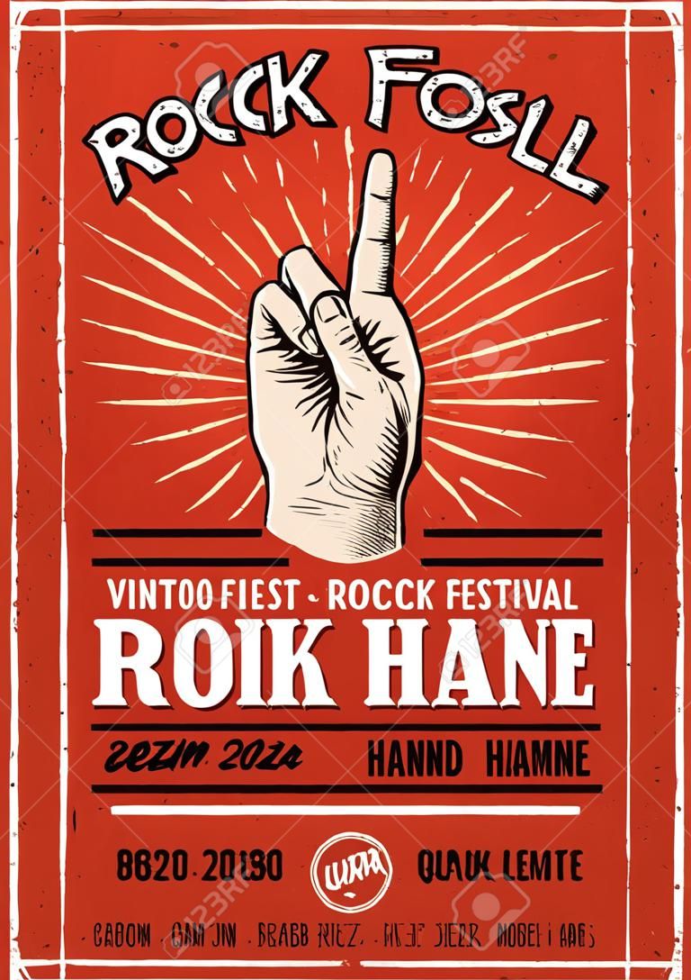 Weinlese-Felsen-Festival Poster, Flyer mit Rock and Roll Handzeichen