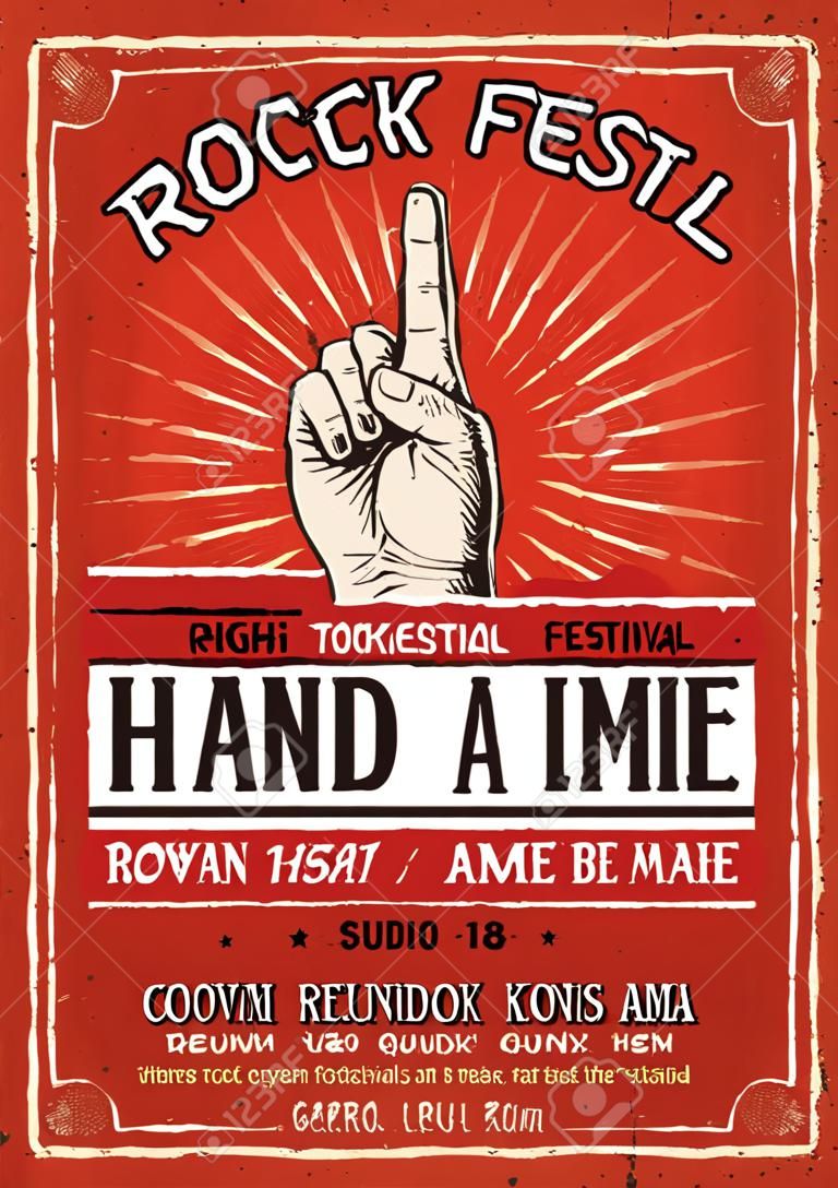Vintage Rock festival poster, flyer with Rock and Roll hand sign