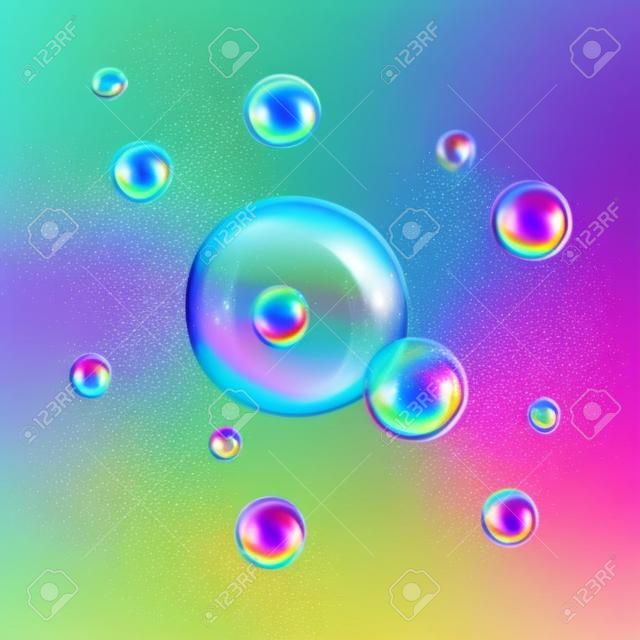 Burbujas de jabón. pompas de jabón transparente. pompas de jabón realistas. Rainbow burbujas de jabón reflexión. ilustración