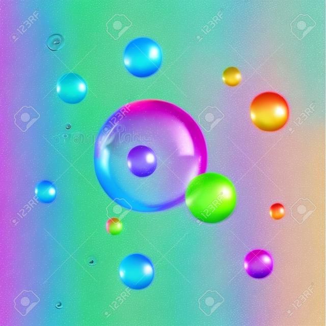 石鹸の泡。透明な石鹸の泡。リアルな石鹸の泡。虹反射シャボン玉。孤立した図