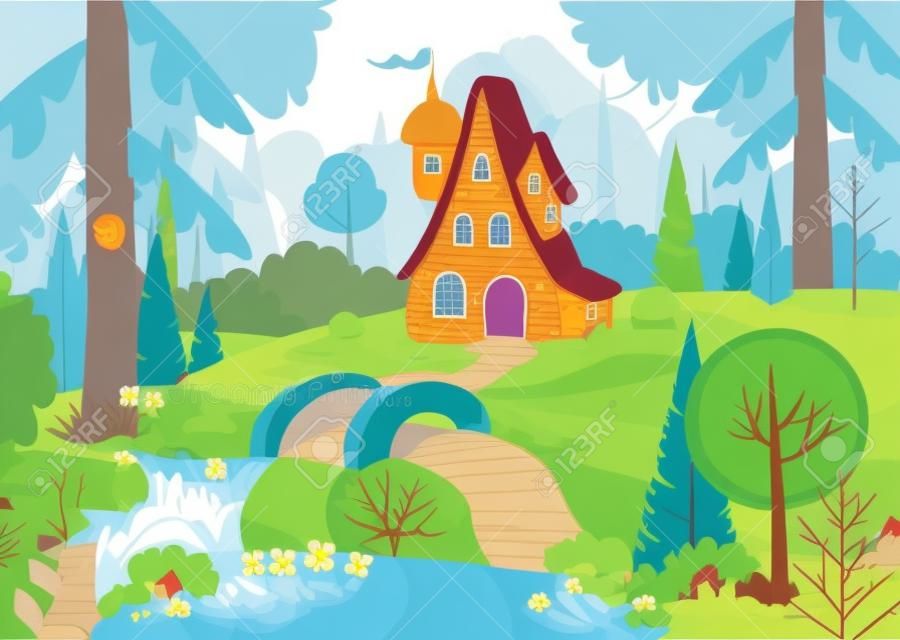 Märchenwald mit Haus und Brücke über den Fluss. Haus umgeben von Bäumen und Fluss. Flache Vektorillustration.