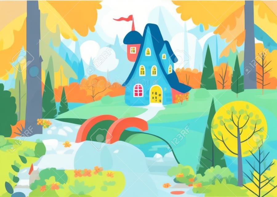 Märchenwald mit Haus und Brücke über den Fluss. Haus umgeben von Bäumen und Fluss. Flache Vektorillustration.
