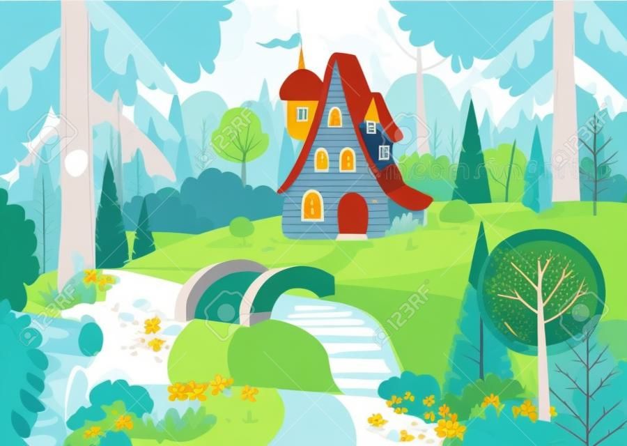 Fairytale forest with a house and a bridge over the river. House surrounded by trees and river. Flat vector illustration.