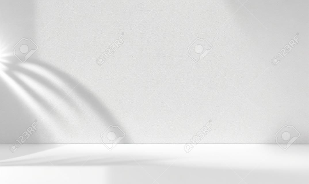 Minimal abstract background for product presentation. Leaf shadow on white plaster wall. 3d render. Spring and summer.