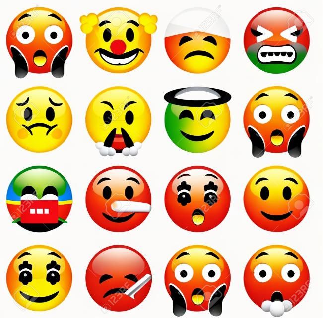 一套表情符號。十六微笑圖標。黃色Emojis。害怕，小丑，損壞，眨眼，憤怒，聖，羞愧，說謊，快樂，病，吸煙。白色背景上孤立的插圖