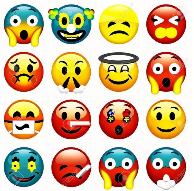 一套表情符號。十六微笑圖標。黃色Emojis。害怕，小丑，損壞，眨眼，憤怒，聖，羞愧，說謊，快樂，病，吸煙。白色背景上孤立的插圖