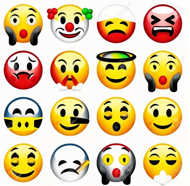 一套表情符號。十六微笑圖標。黃色Emojis。害怕，小丑，損壞，眨眼，憤怒，聖，羞愧，說謊，快樂，病，吸煙。白色背景上孤立的插圖