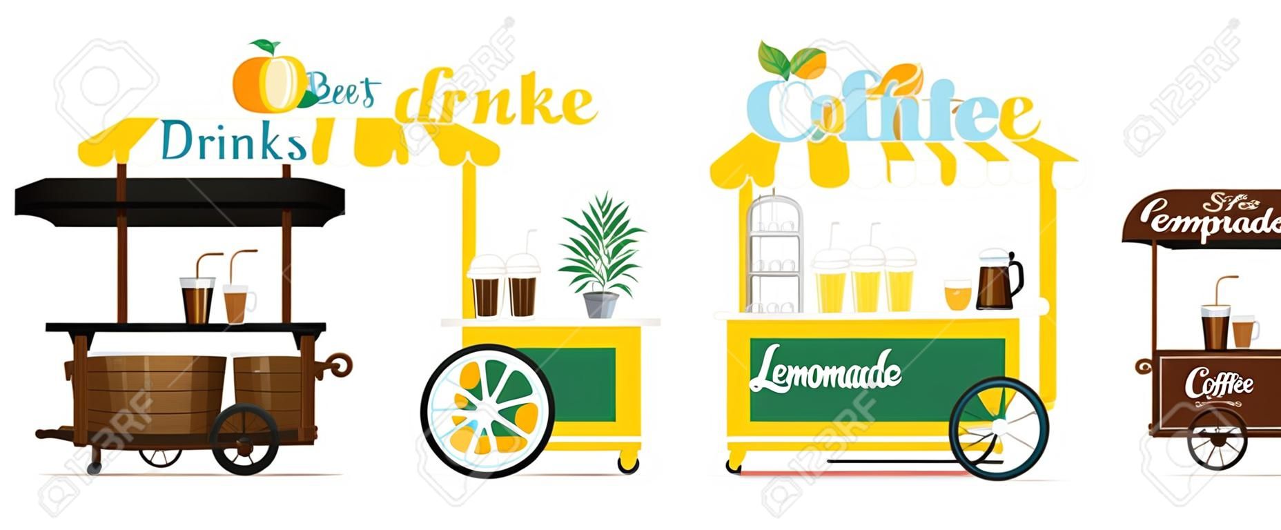 Set of vector coffee, beer and lemonade carts. Vector flat illustration of a street fast food. Point drinks of sale cappuccino, latte, lemonade, beer. Wooden counter with coffee to take away. Street food, summer mobile cafeteria for the Park, square, market, fair and city streets.