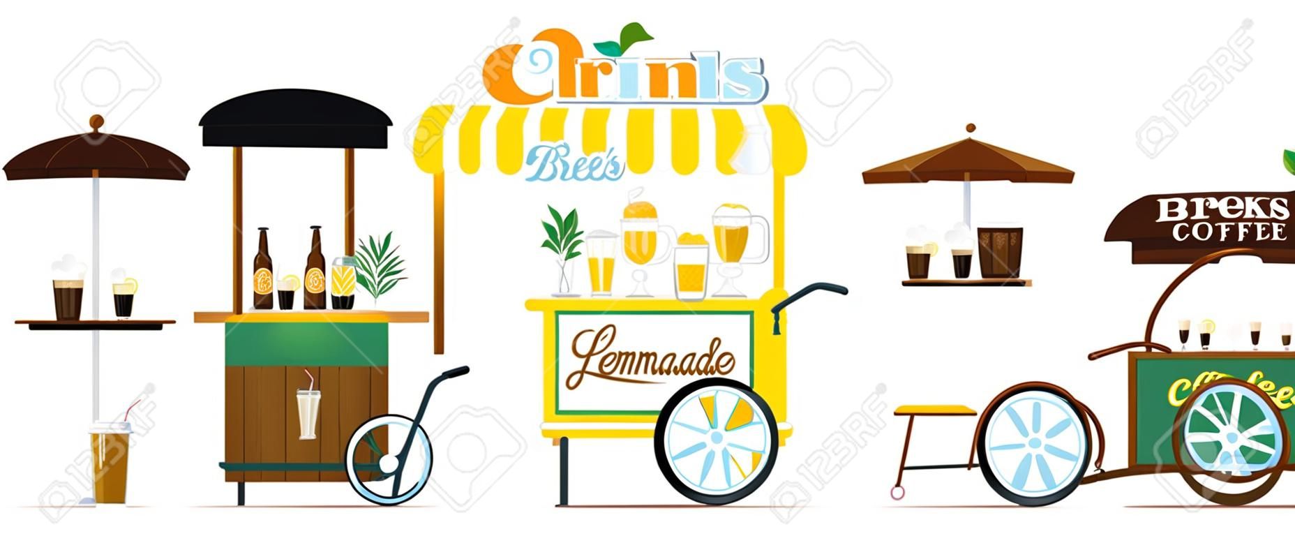 Set of vector coffee, beer and lemonade carts. Vector flat illustration of a street fast food. Point drinks of sale cappuccino, latte, lemonade, beer. Wooden counter with coffee to take away. Street food, summer mobile cafeteria for the Park, square, market, fair and city streets.
