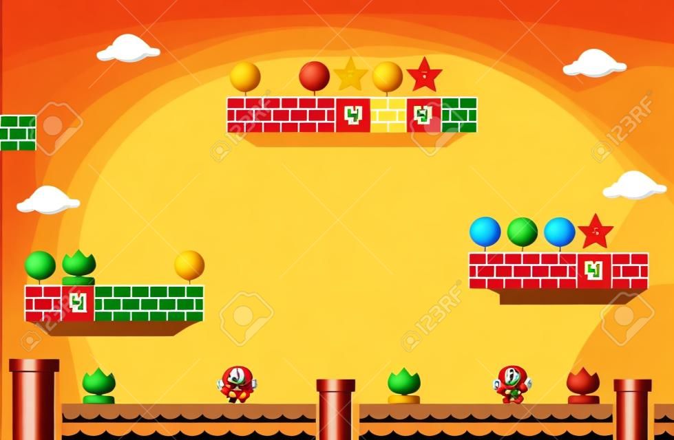 Vektor flache Geburtstagseinladung mit Super Mario. Hintergrundvorlage im Cartoon-Stil. Illustration mit Elementen für das Spiel
