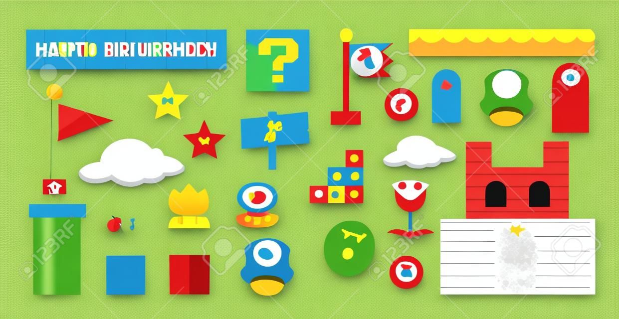 Vector flat birthday invitation with super mario. Cartoon-style background template. Illustration with elements for the game