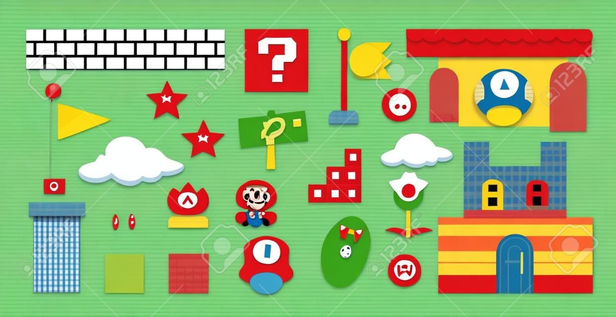 Vektor flache Geburtstagseinladung mit Super Mario. Hintergrundvorlage im Cartoon-Stil. Illustration mit Elementen für das Spiel