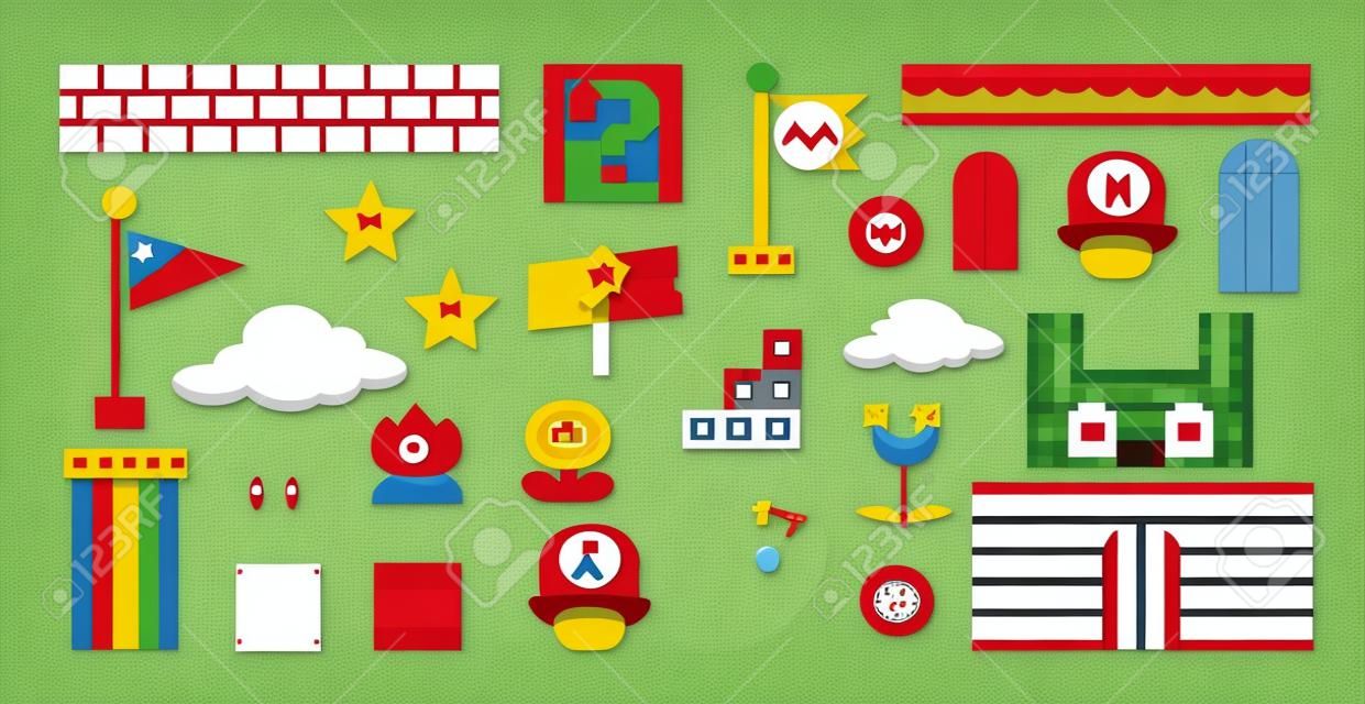 Vector flat birthday invitation with super mario. Cartoon-style background template. Illustration with elements for the game