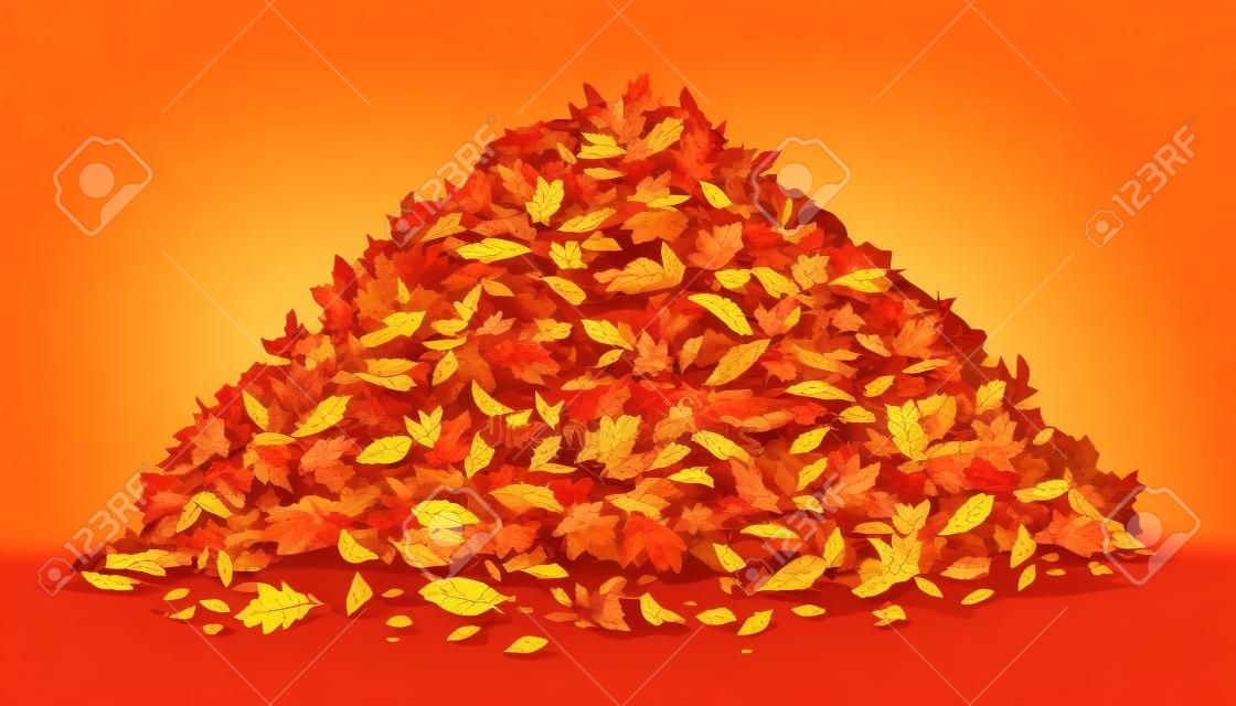 Pile of various autumn fallen leaves in red and orange colors, one big dump of leaves, autumn concept illustration, isolated