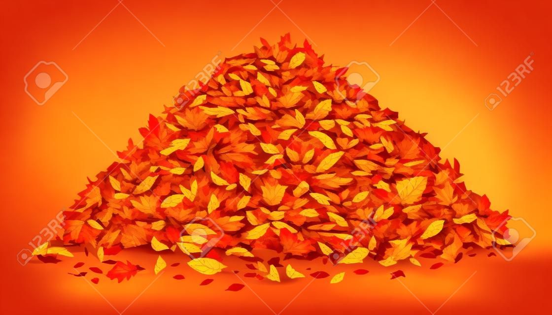 Mucchio di varie foglie cadute autunnali nei colori rosso e arancione, una grande discarica di foglie, illustrazione del concetto autunnale, isolata