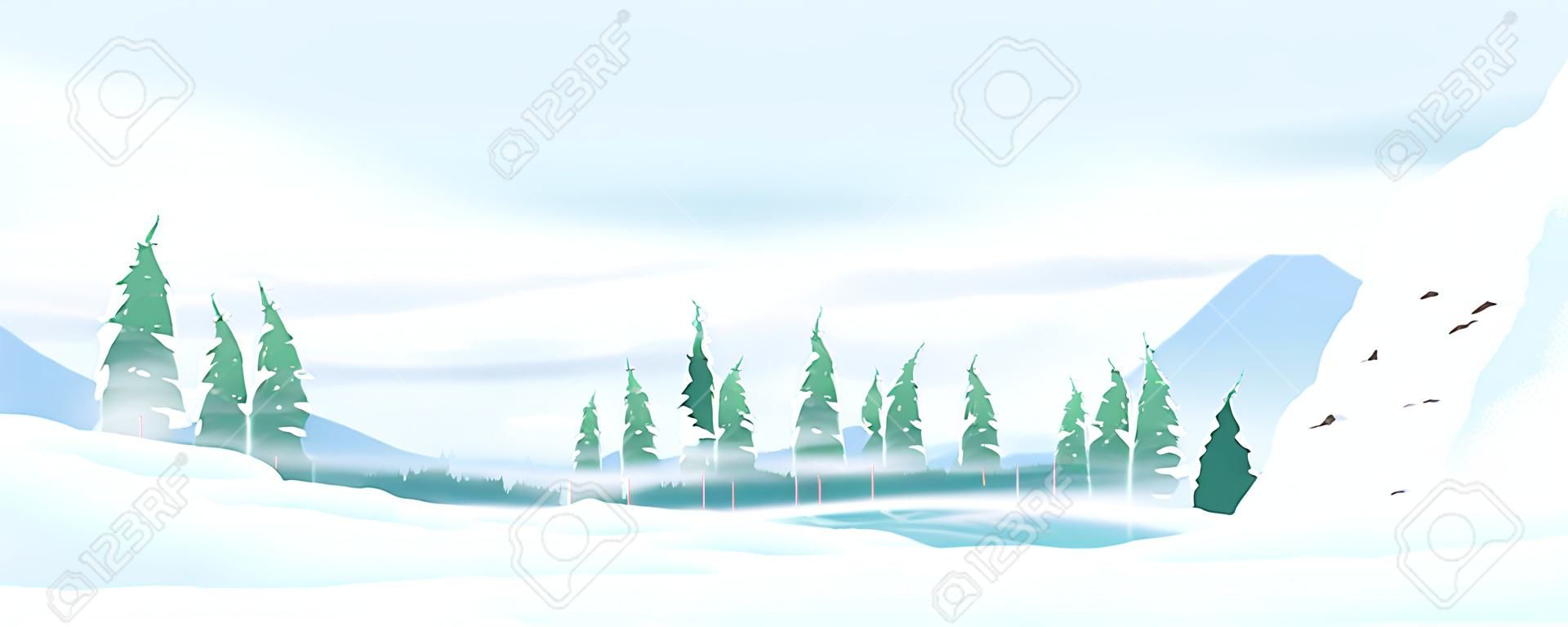 Snow blizzard in winter mountain, extreme weather conditions with cold wind and snow, spruce forest trees inclined from snowstorm, winter nature landscape panorama with spruce-trees near the snowy mountains