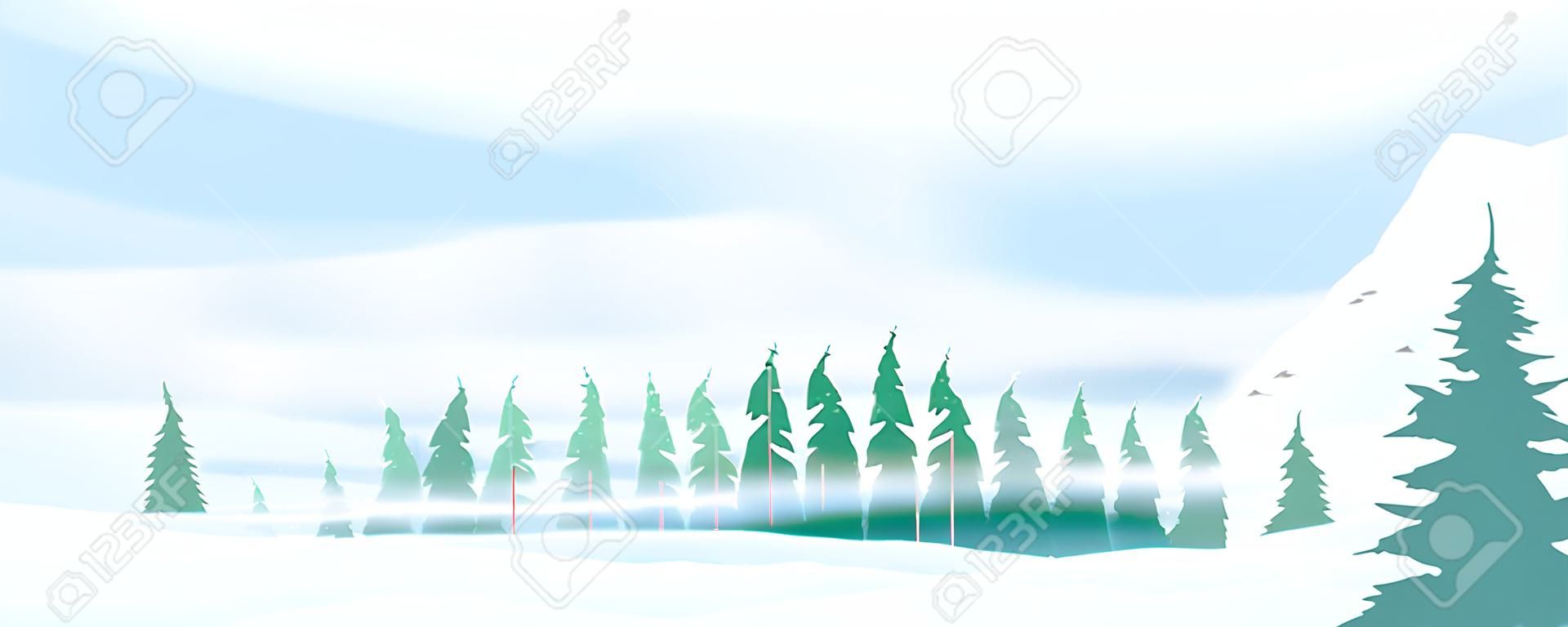 Snow blizzard in winter mountain, extreme weather conditions with cold wind and snow, spruce forest trees inclined from snowstorm, winter nature landscape panorama with spruce-trees near the snowy mountains
