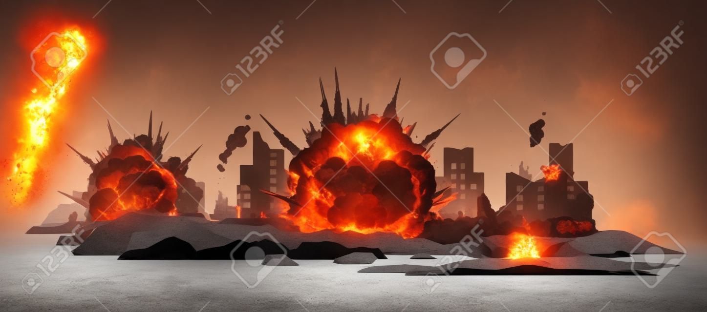 Grote bommen explosie met granaatscherven en vuurbal in de stad, verwoest gebouwen ruïnes en beton, oorlogsvernietiging concept illustratie geïsoleerd op witte achtergrond