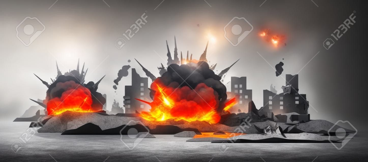 Explosión de grandes bombas con metralla y bola de fuego en la ciudad, ruinas de edificios destruidos y hormigón, ilustración de concepto de destrucción de guerra aislado sobre fondo blanco