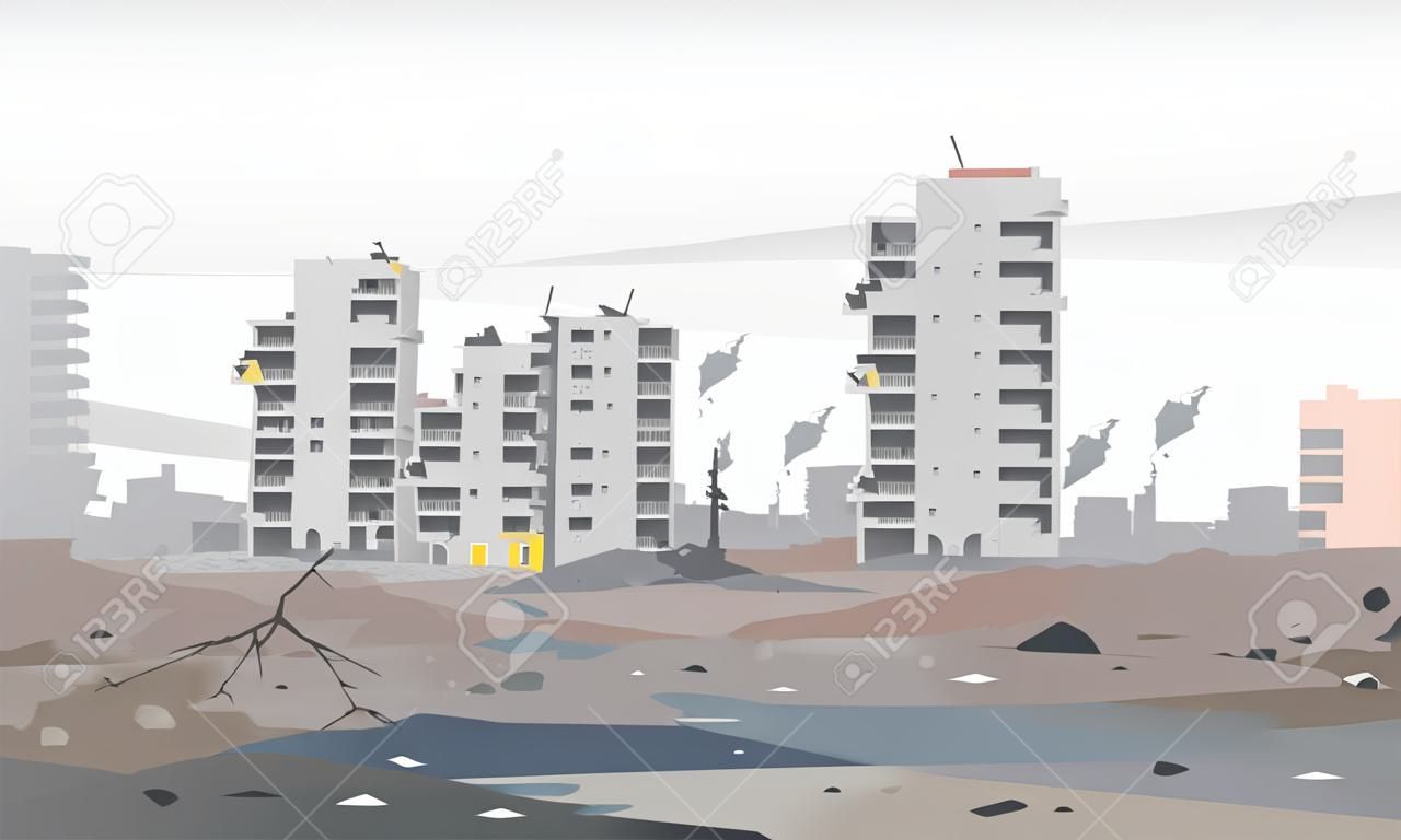 Destroyed city concept landscape background illustration, building between the ruins and concrete, war destruction panorama, city quarter after earthquake, destroyed residential neighborhood