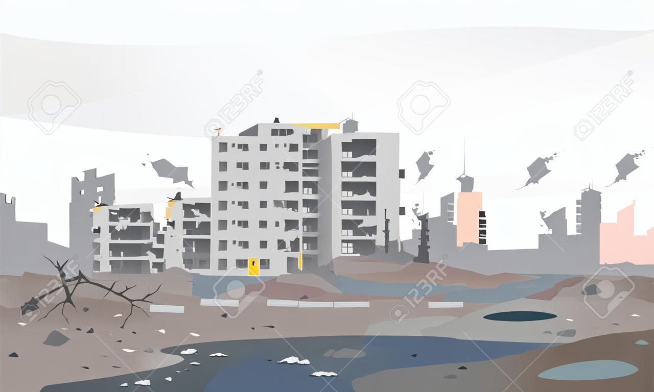 파괴된 도시 개념 풍경 배경 그림, 폐허와 콘크리트 사이의 건물, 전쟁 파괴 파노라마, 지진 후 도시 분기, 파괴된 주거 지역