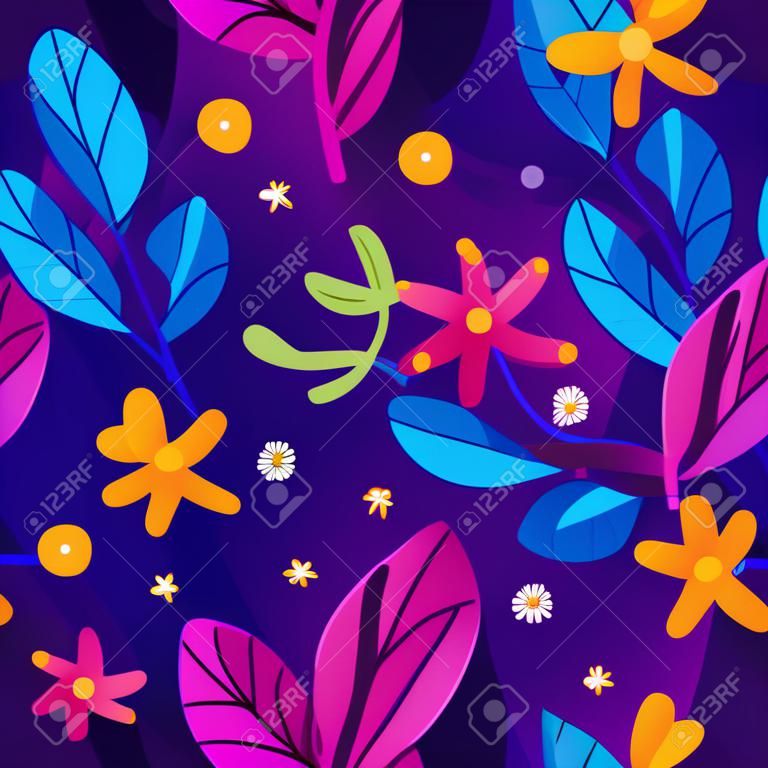 Floral simplify vector pattern with flowers and plants in different colors on violet background, blue and purple leaves with orange flowers decoration in saturated shades