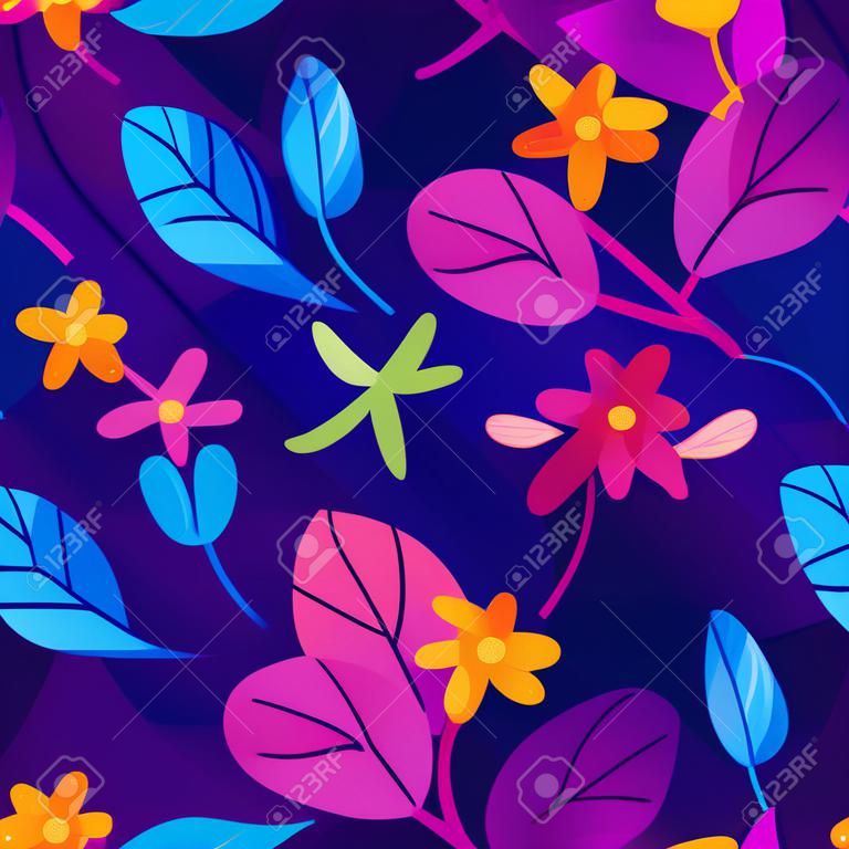 Floral simplify vector pattern with flowers and plants in different colors on violet background, blue and purple leaves with orange flowers decoration in saturated shades