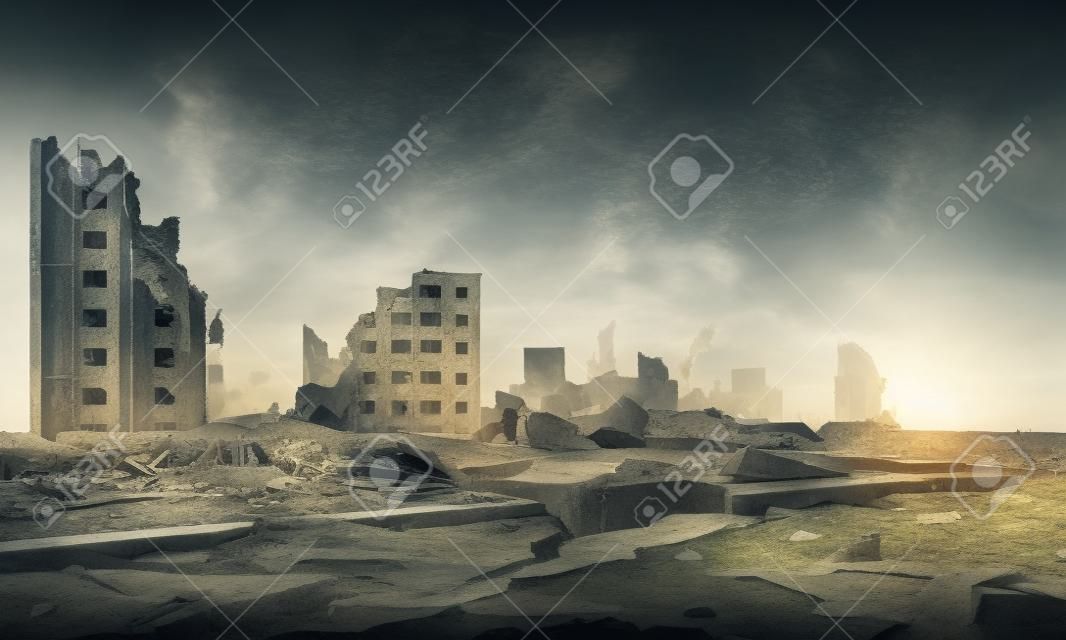 Ilustración de fondo de paisaje de concepto de ciudad destruida, edificio entre las ruinas y el hormigón después del terremoto con grandes grietas alrededor, panorama de destrucción del barrio residencial