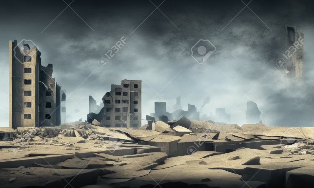 Destroyed city concept landscape background illustration, building between the ruins and concrete after earthquake with large cracks around, destruction panorama of residential neighborhood
