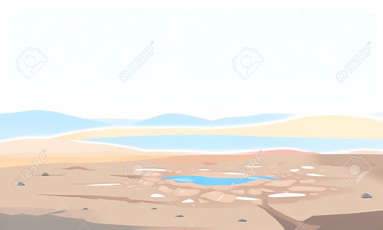 乾燥した湖の底に亀裂や石を持つ砂漠の風景、水のない乾燥したさびれた場所、植物なし、地平線に砂丘、気候変動の概念のイラスト