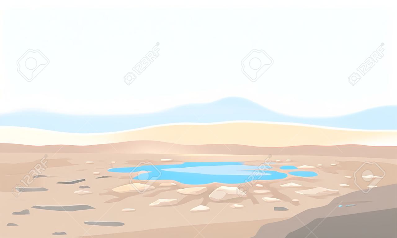 Paesaggio desertico con crepe e pietre sul fondo del lago secco, luogo arido deserto senza acqua e senza piante, dune di sabbia all'orizzonte, illustrazione del concetto di cambiamento climatico