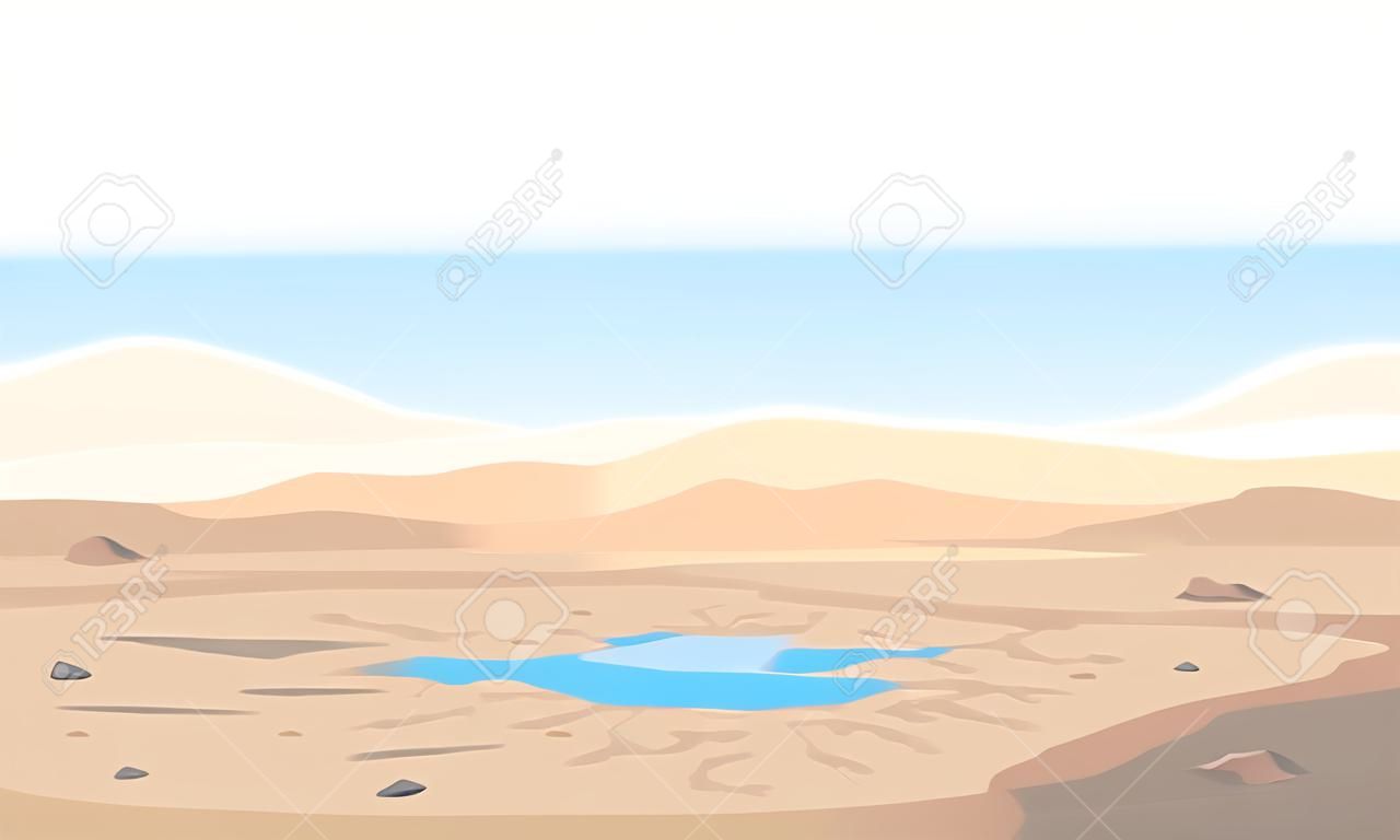 Paisaje desértico con grietas y piedras en el fondo del lago seco, lugar árido y desierto sin agua y sin plantas, dunas de arena en el horizonte, ilustración del concepto de cambio climático
