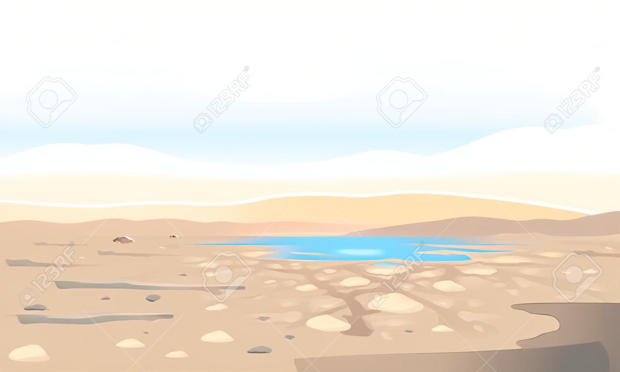 Desert landscape with cracks and stones at the bottom of the dry lake, arid deserted place without water and without plants, sand dunes to the horizon, climate change concept illustration