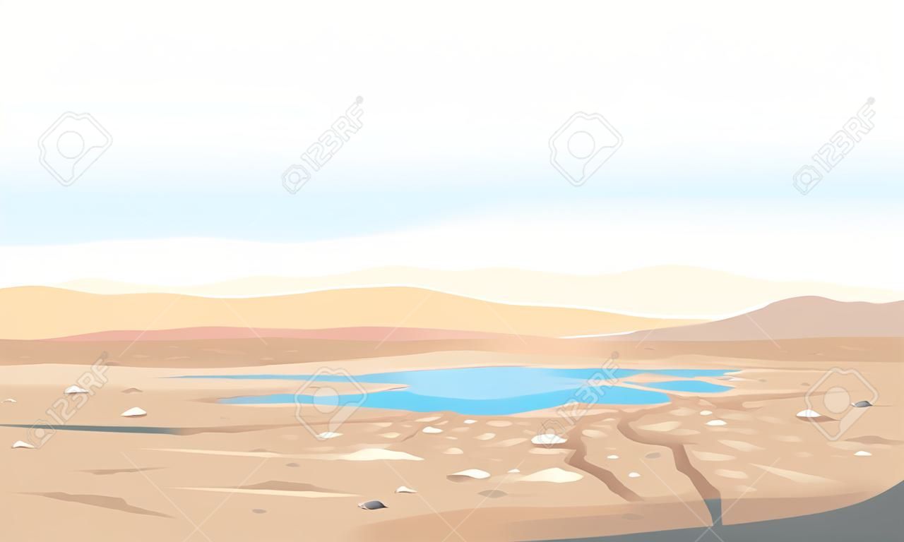 Paesaggio desertico con crepe e pietre sul fondo del lago secco, luogo arido deserto senza acqua e senza piante, dune di sabbia all'orizzonte, illustrazione del concetto di cambiamento climatico