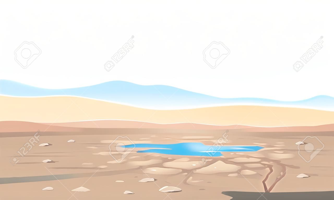 Desert landscape with cracks and stones at the bottom of the dry lake, arid deserted place without water and without plants, sand dunes to the horizon, climate change concept illustration