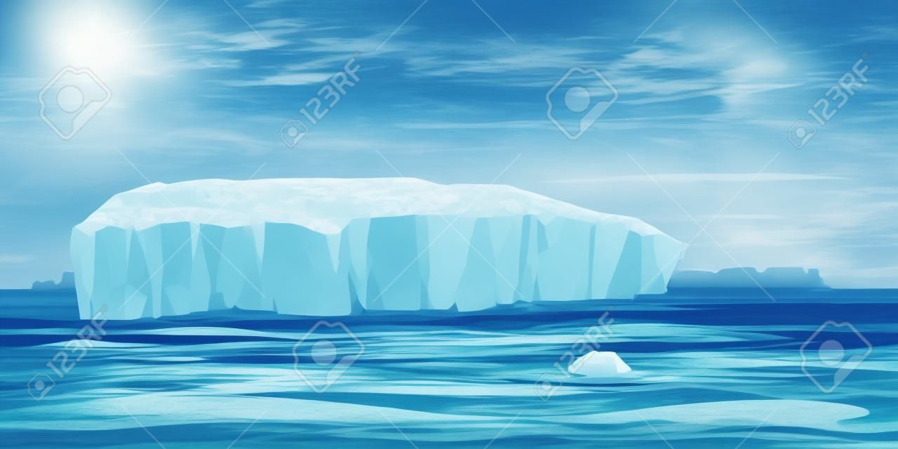 Ein riesiger Eisberg in der Illustration der Ozeanlandschaft, Illustration des Konzepts der globalen Erwärmung, Eisberg driftet ins Meer, großer Eisberg brach weg
